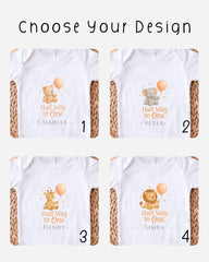 four different t-shirt designs featuring cartoon animals and the phrase "Half Way to One". The designs are labeled with the names "Charles", "Peter", "Henry", and "Simba".