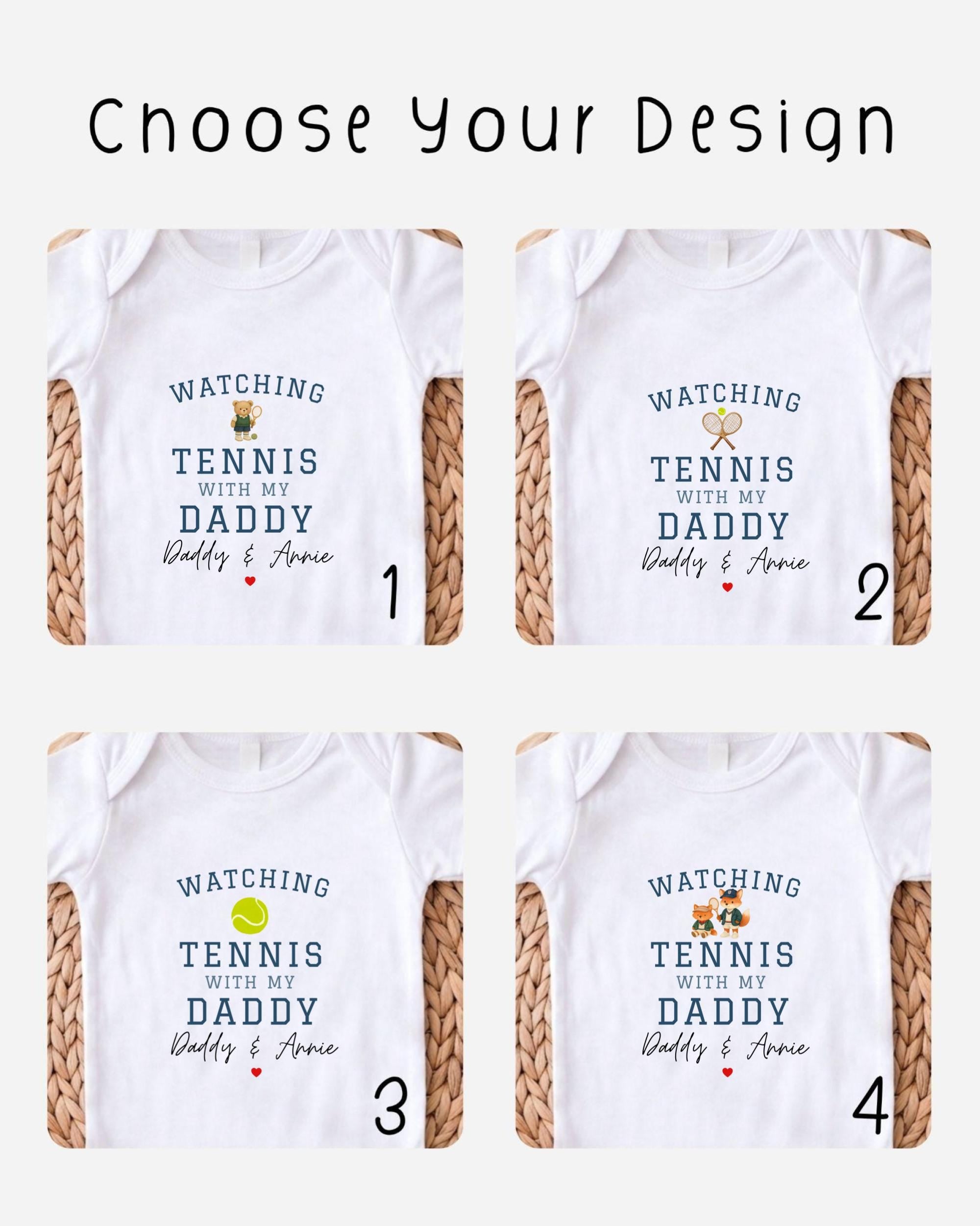 four different white t-shirts with the same design, each featuring the text "WATCHING TENNIS WITH MY DADY Daddy & Annie" along with tennis balls and a heart symbol.