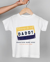 A white t-shirt with a graphic design featuring the text "Cheering for my DADDY" and "Marathon Name Here Custom Date Here" printed on it.