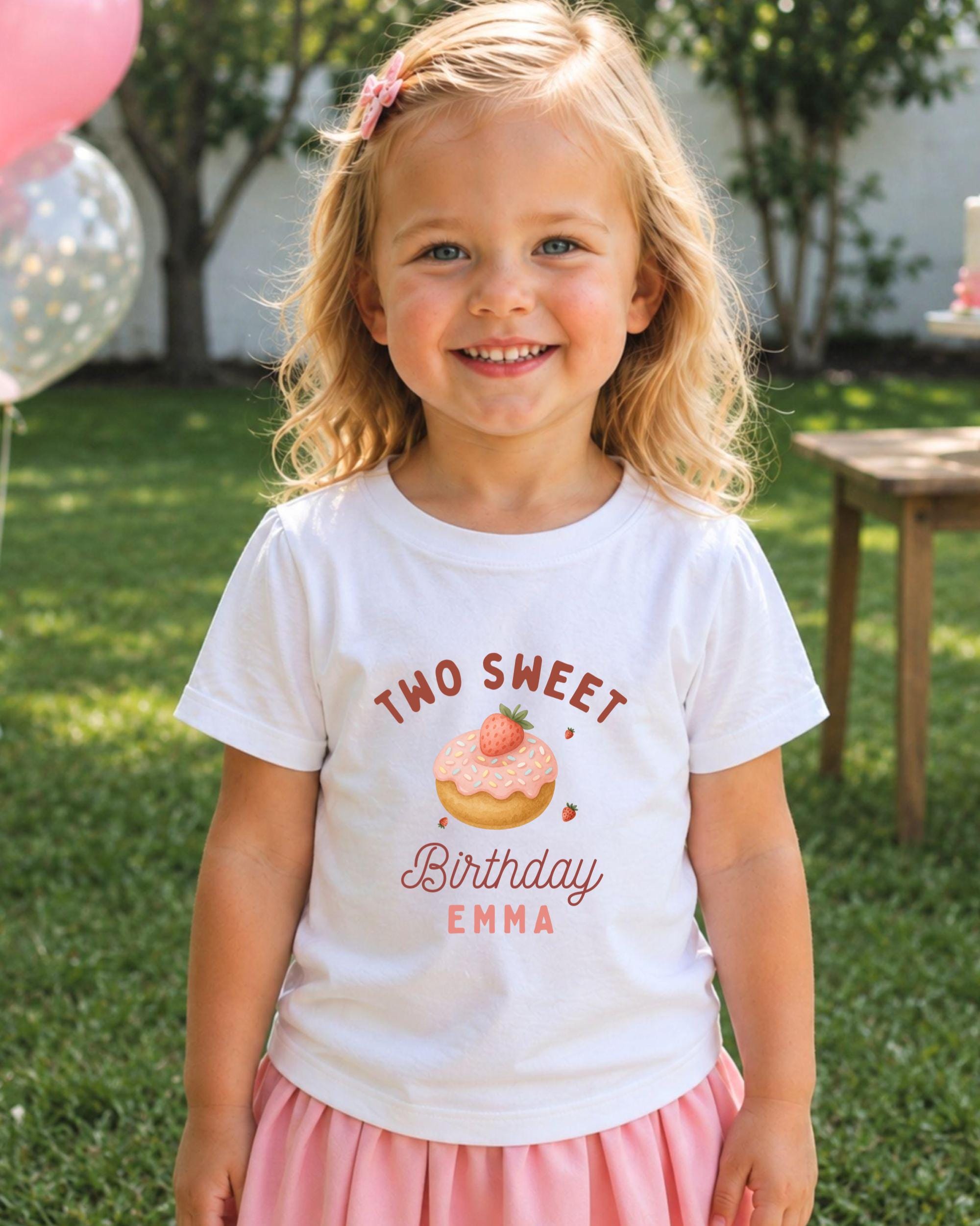 A young girl with blonde hair is smiling and wearing a white t-shirt with a graphic of a birthday cake and the text "Two Sweet Birthday Emma" printed on it.
