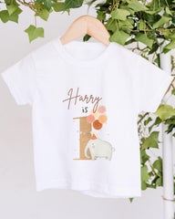 A white t-shirt with a graphic design featuring a white elephant wearing a party hat and surrounded by colorful balloons.