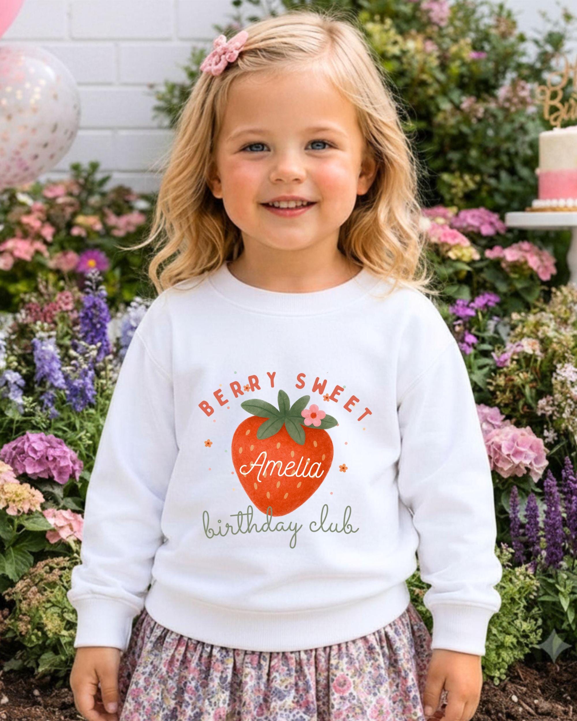 A young girl wearing a white sweater with a strawberry graphic and text, smiling at the camera.