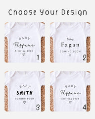 four baby shirts with text indicating the names of the babies and the arrival date of the babies.