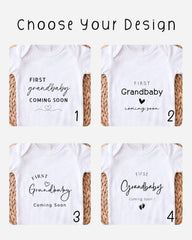 four different designs of white t-shirts with text that announces the arrival of a first baby. The text on the t-shirts reads "FIRST Grandbaby Coming Soon", "FIRST Grandbaby Coming Soon", "FIRST Grandbaby Coming Soon", and "FIRST Grandbaby Coming Soon".