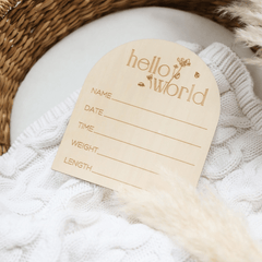 Arch Shaped Hello World Wooden Baby Announcement Sign - Baby Pandas