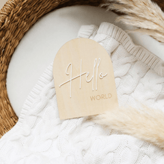 Arch Shaped Hello World Wooden Baby Announcement Sign - Baby Pandas