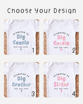four different designs of baby shirts, each with a unique text and color scheme related to a sibling relationship.