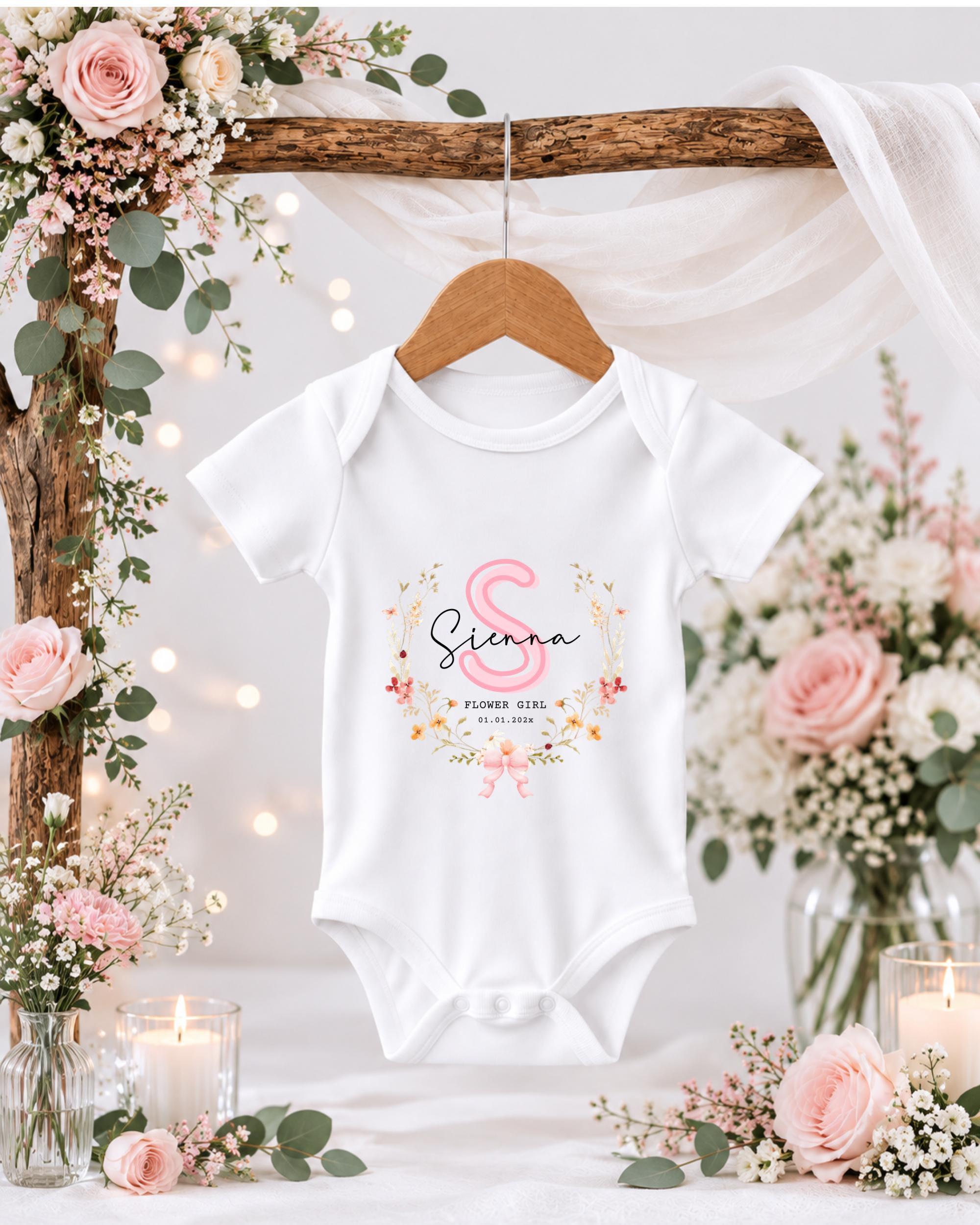 A white baby onesie with a pink floral design hangs on a wooden hanger, surrounded by pink and white flowers, candles, and greenery.