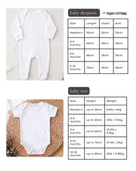 The image is a collage of two photos: one showing a baby in a white onesie and the other showing a baby's white onesie hanging on a hanger.