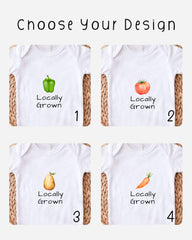 four white t-shirts with different vegetable designs printed on them, along with the text "Locally Grown" printed below each design.
