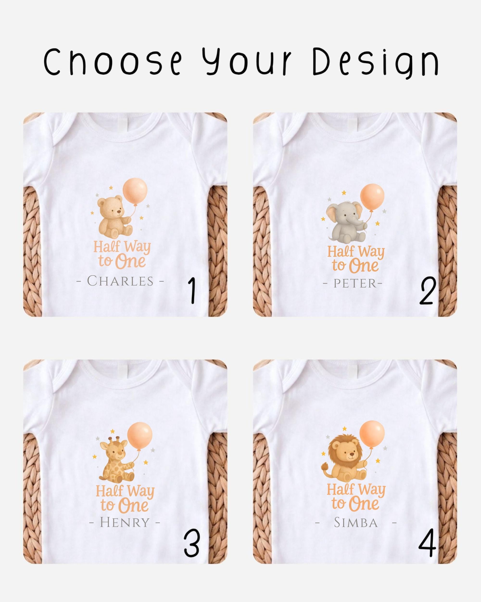 four different t-shirt designs featuring cartoon animals and the phrase "Half Way to One". The designs are labeled with the names "Charles", "Peter", "Henry", and "Simba".