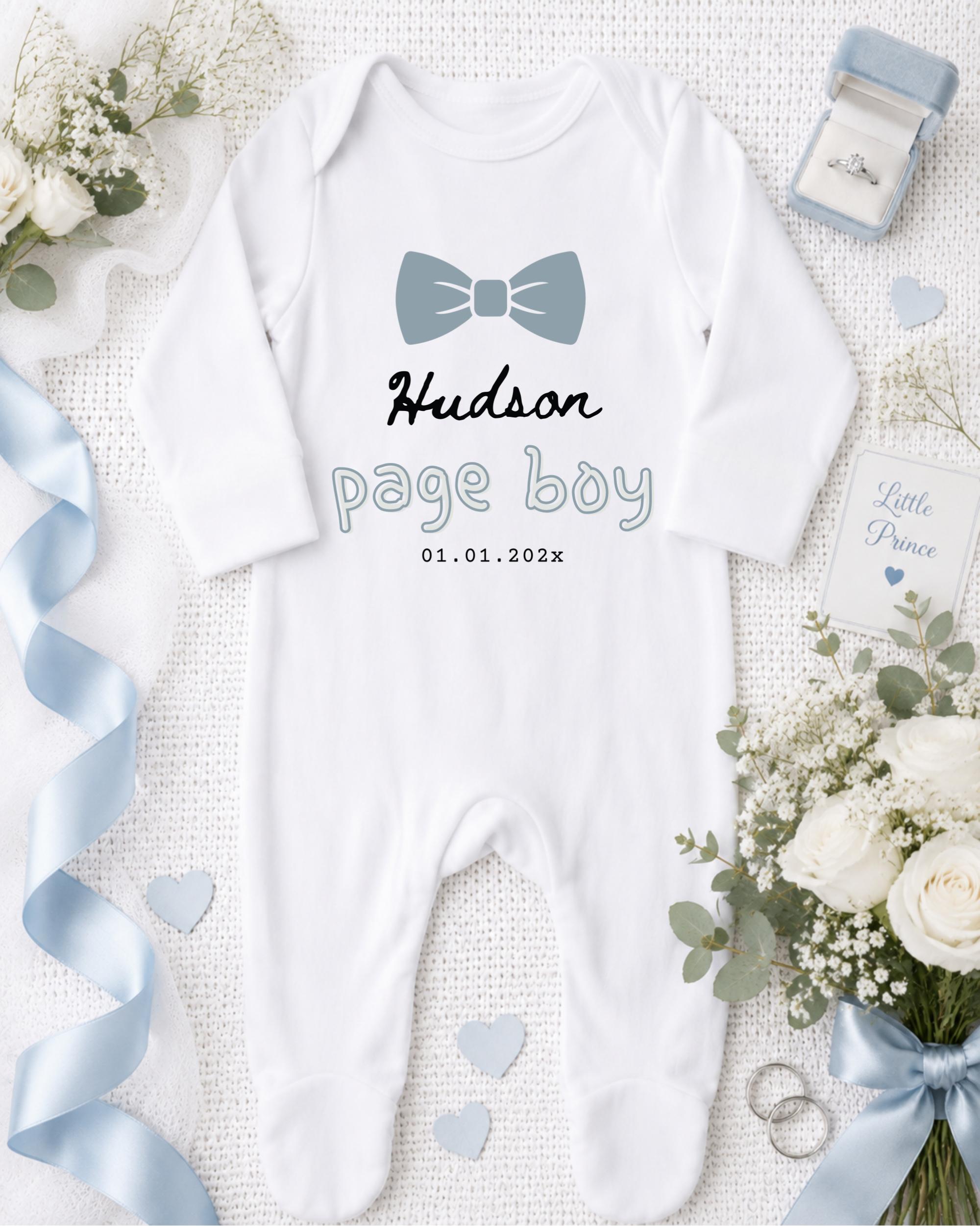 A white onesie with a bow tie, a ring, and a bouquet of white flowers are arranged on a white background.
