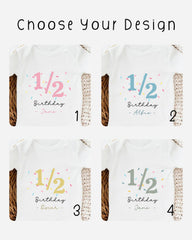 four different white t-shirts with birthday designs and numbers printed on them, indicating the age of the wearer.