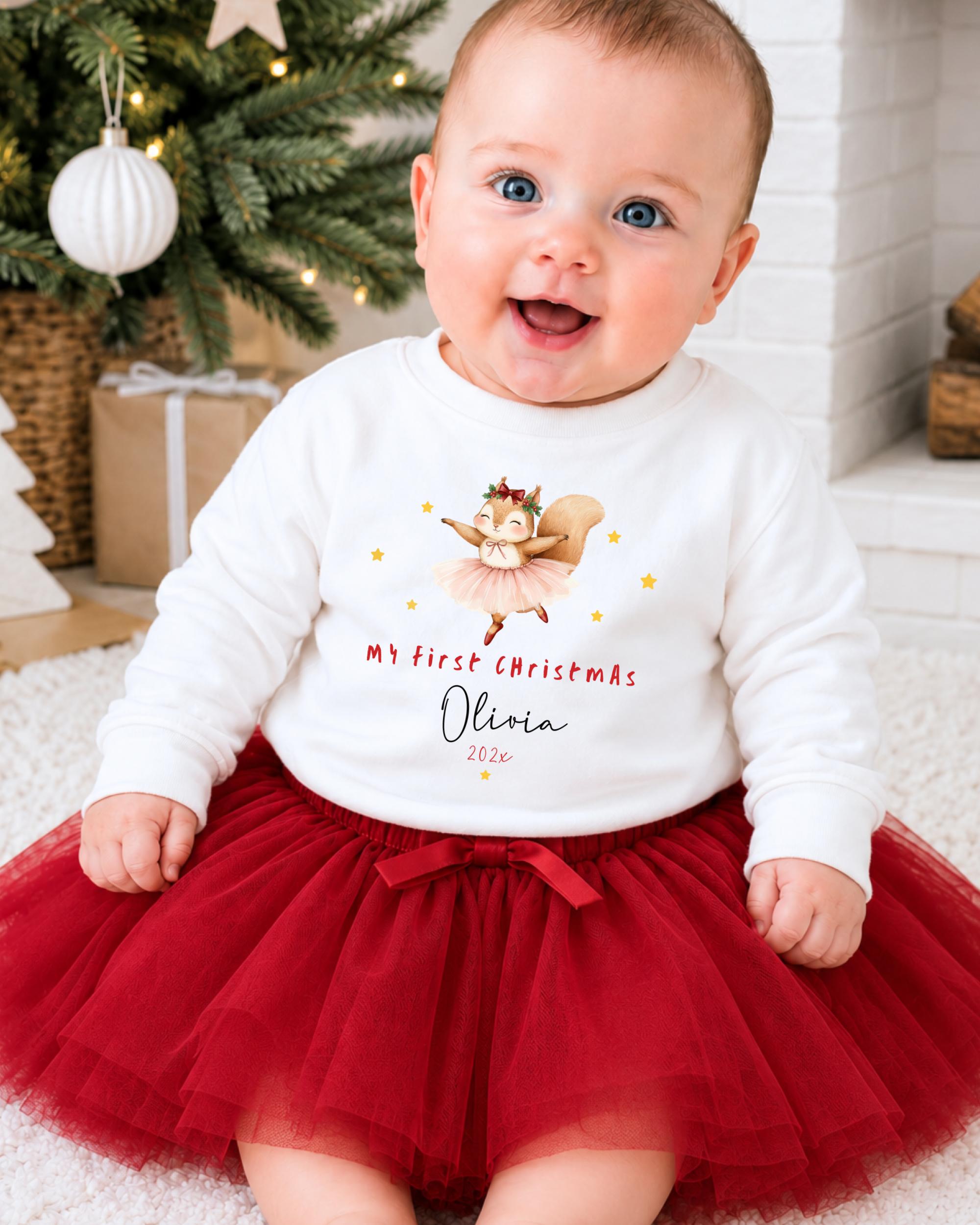 A smiling baby girl wearing a white sweater with a Christmas-themed design and a red tulle skirt, sitting on a white carpet in front of a Christmas tree.