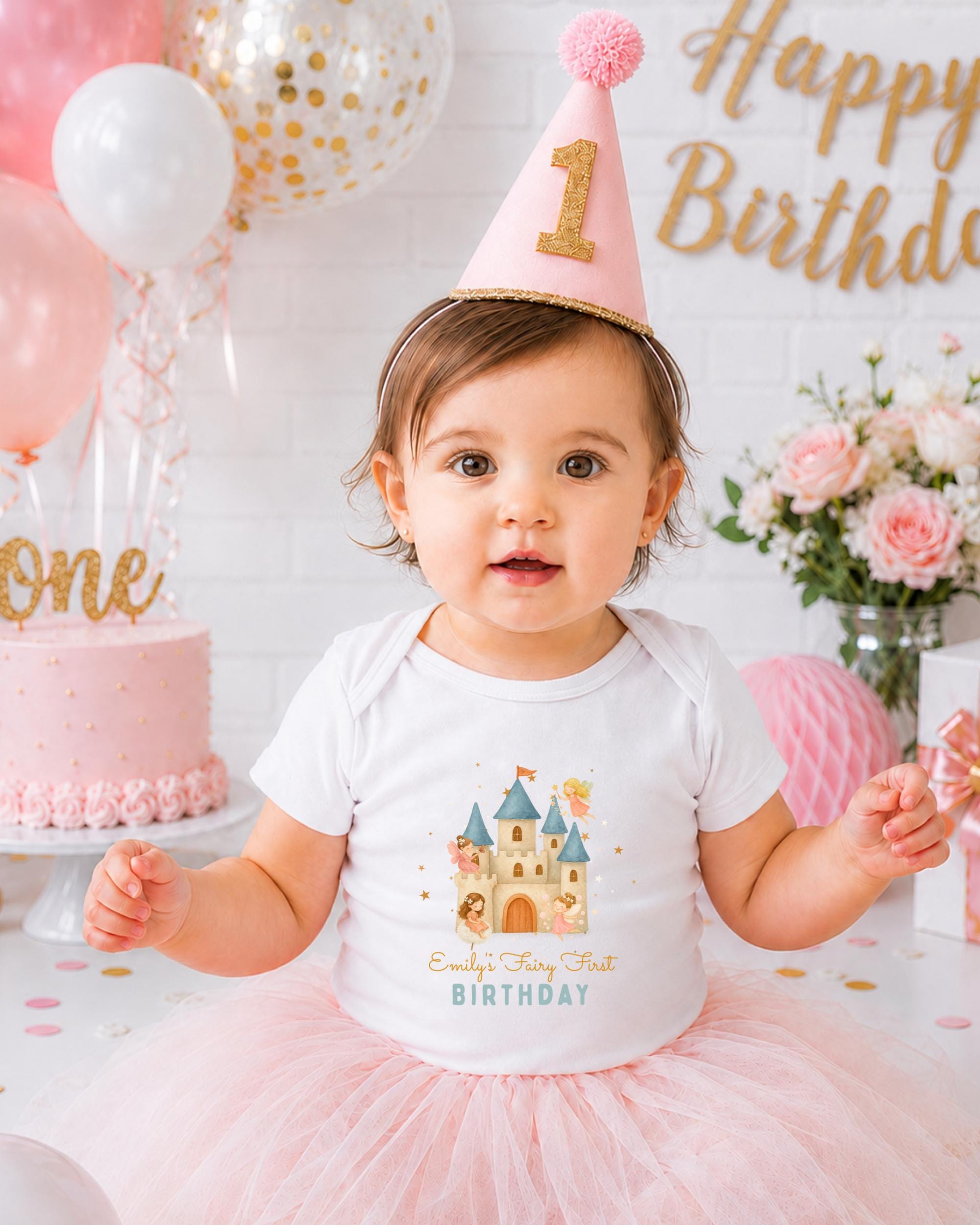 A young girl wearing a birthday hat and a white t-shirt with a castle design is posing for a birthday photo.