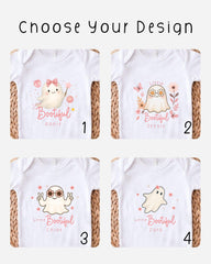 four different t-shirt designs featuring cartoon ghost characters with the names "Little Bootful" and "Zara" printed on them.