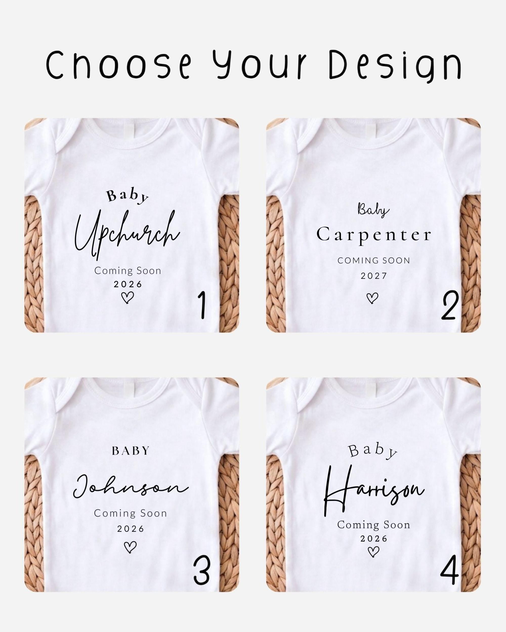 four white baby onesies with text that announces the upcoming birth of a baby. The text on the onesies reads "Baby UphChurch Coming Soon 2016", "Baby Carpenter Coming Soon 2017", "Baby Johnson Coming Soon 2016", and "Baby Harrison Coming Soon 2017".