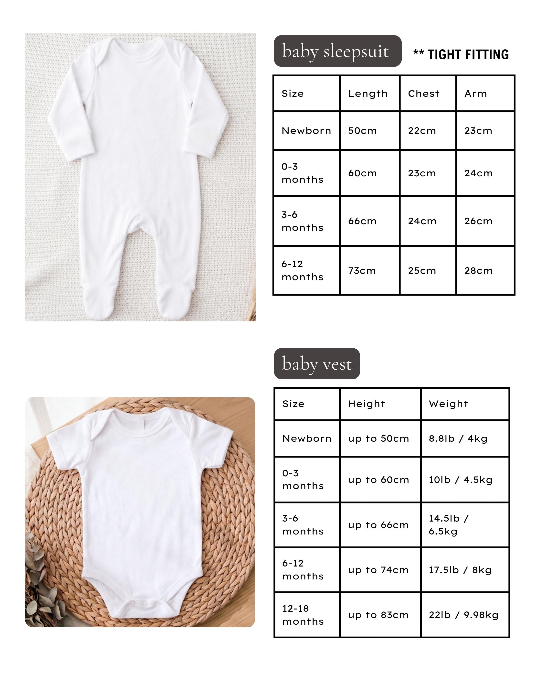 a baby's sleepsuit and a baby's vest, both in white, with size and length information.