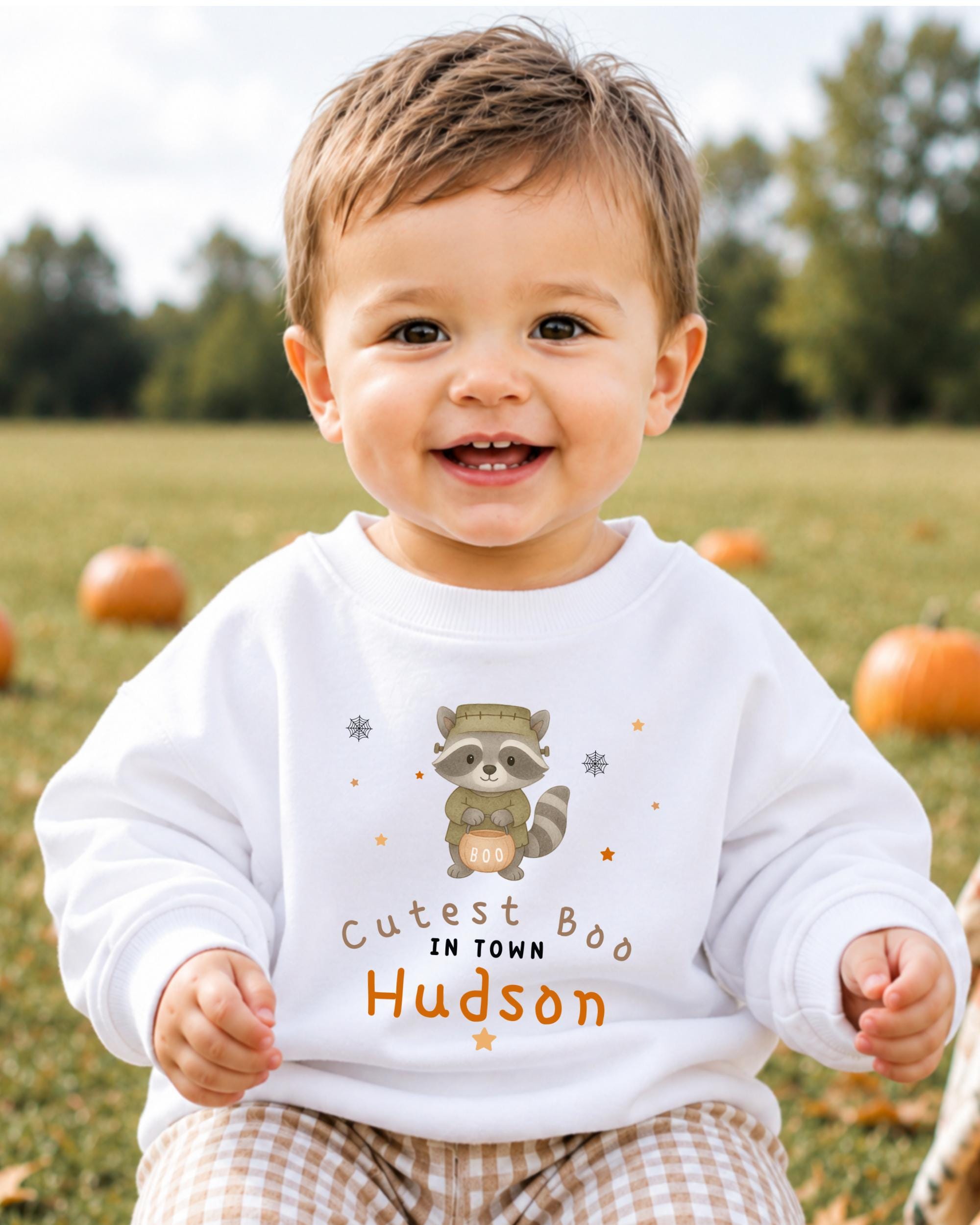 A smiling baby boy wearing a white sweatshirt with a raccoon graphic and text that says "Cute in town Hudson".