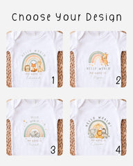 four different baby t-shirt designs with the text "Hello World" and the names "Faroah" and "Jason" printed on them.