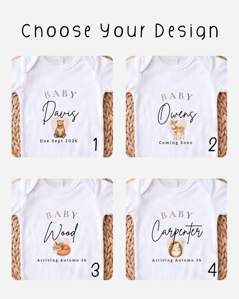 Four personalisable white Baby Vest designs with names, arrival dates and woodland animal graphics including foxes and a deer.