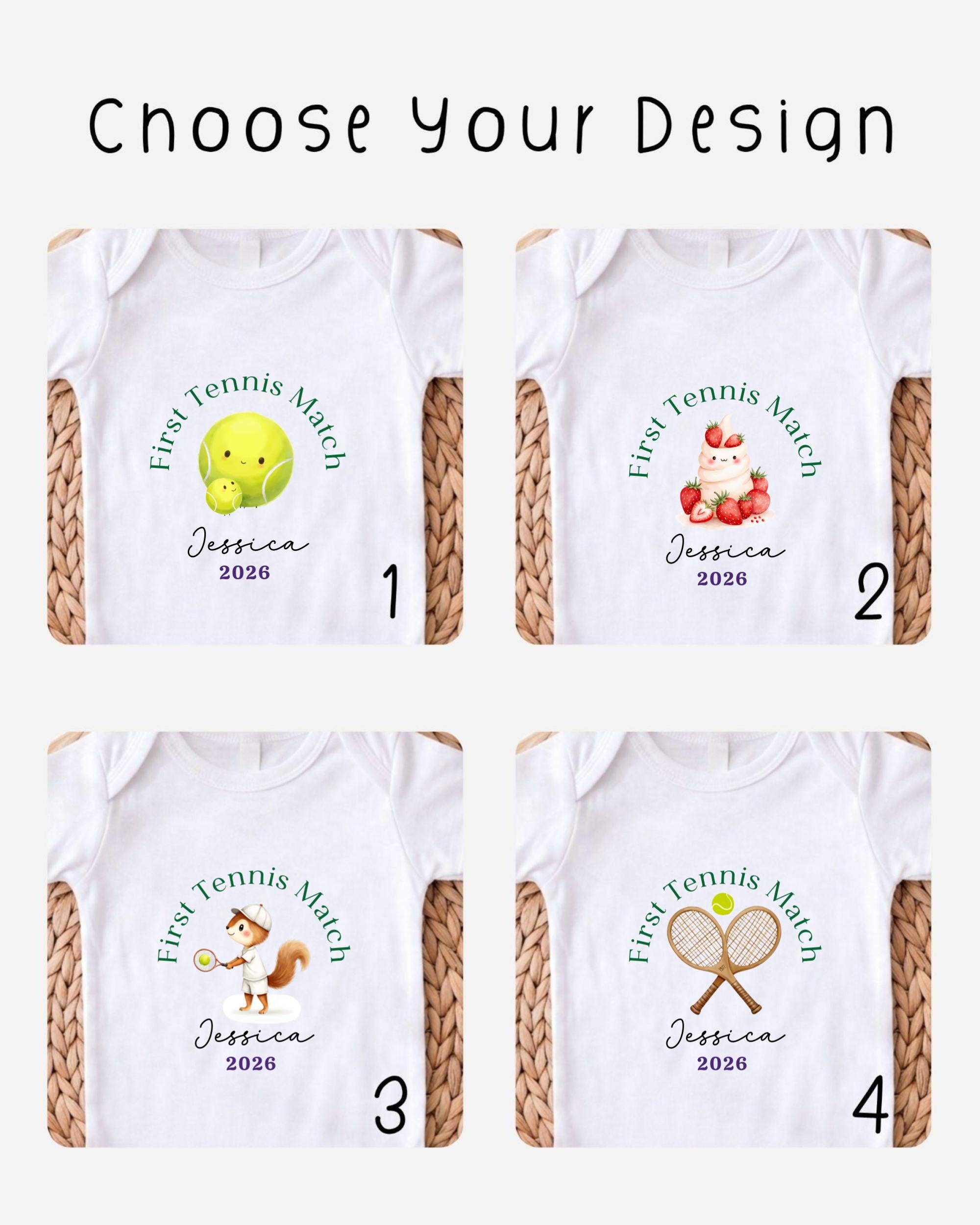 four different t-shirt designs featuring a tennis theme, each with a unique design and text.