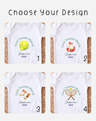 four different t-shirt designs featuring a tennis theme, each with a unique design and text.