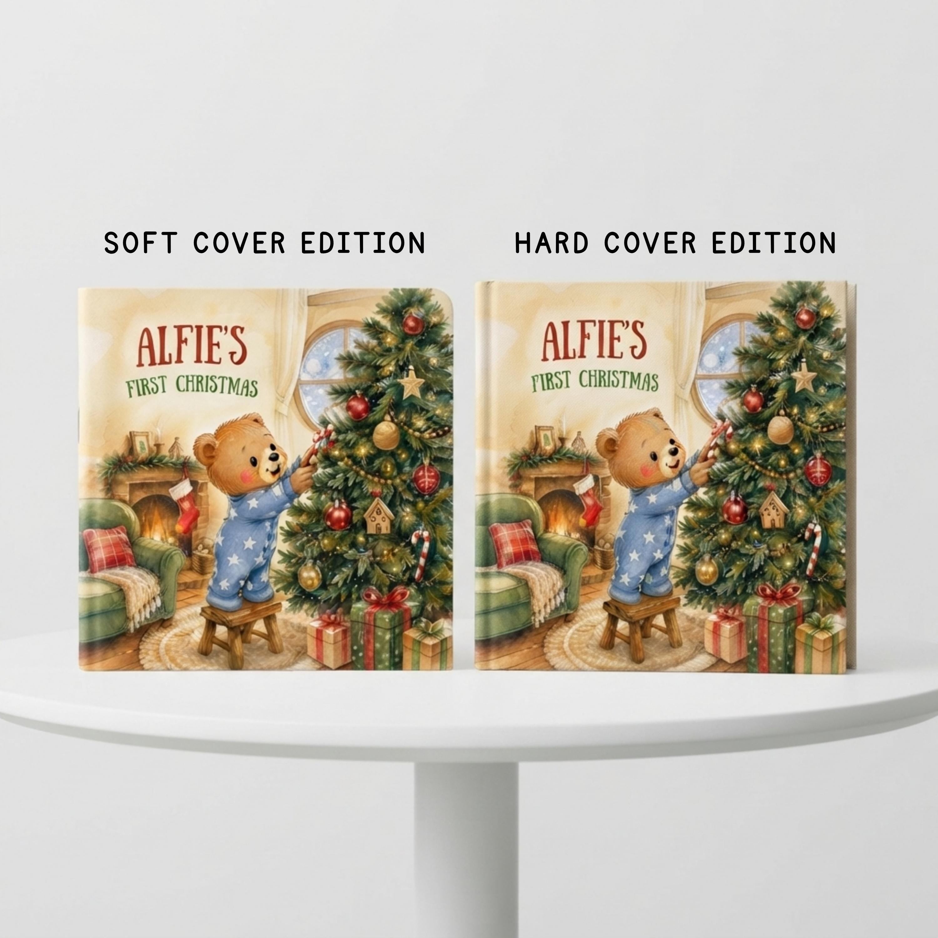 two identical Christmas-themed books with illustrations of a teddy bear decorating a Christmas tree.