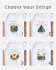 four different t-shirt designs featuring the phrase "My first camping trip" and illustrations of camping scenes.