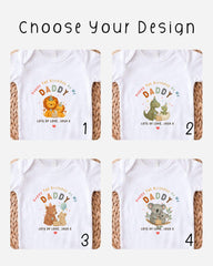 four different t-shirt designs featuring a cartoon image of a baby and the text "Happy 1st Birthday as my Daddy" along with the names "Lots of Love. Josh X" and "Lots of Love. Josh Y" printed on them.