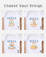 four different t-shirt designs featuring beach crew motifs, each with a unique beach-themed graphic and text.