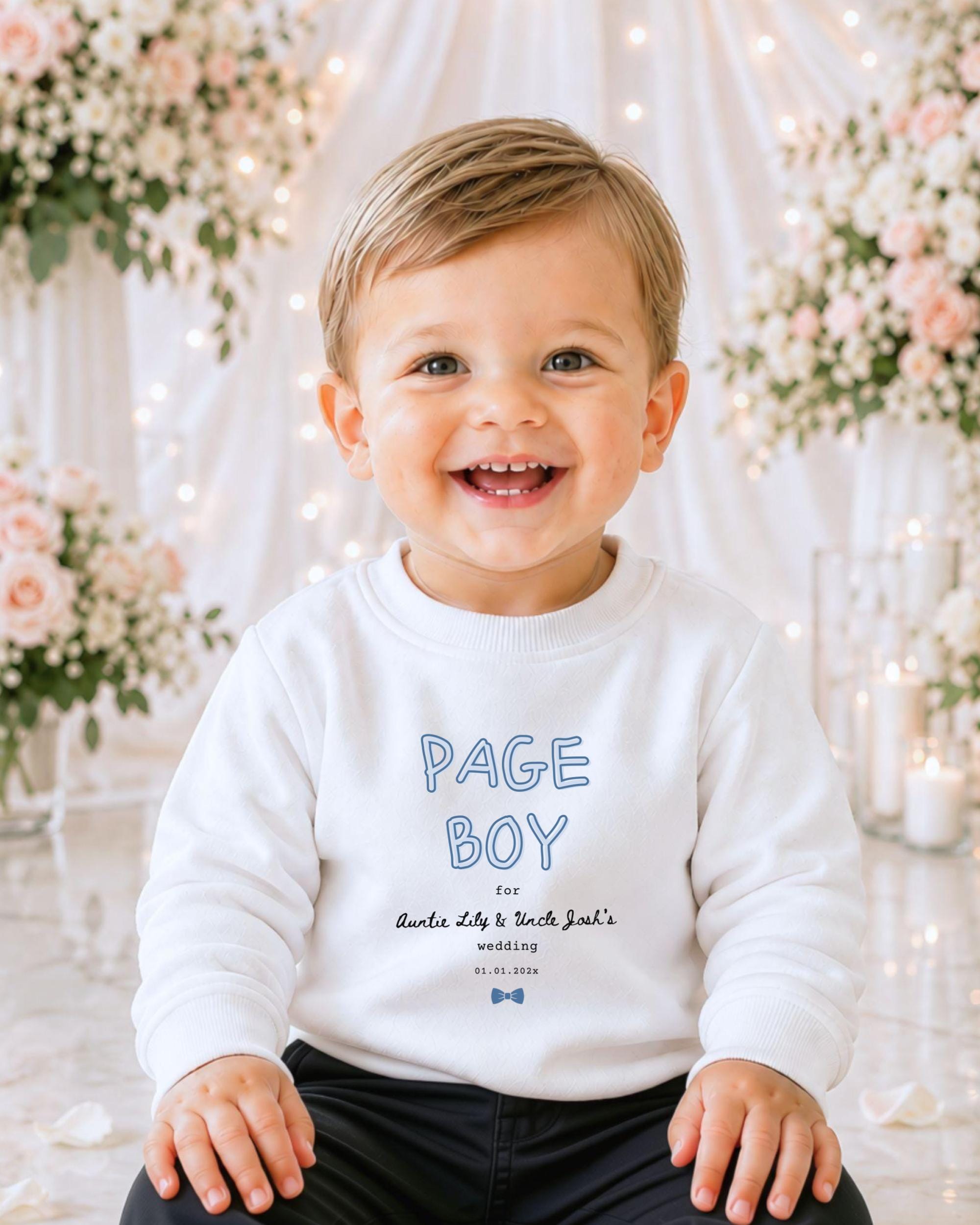 A smiling baby boy wearing a white sweater with the text "PAGE BOY" and "for Aunt Lily & Uncle Josh's wedding day" printed on it.