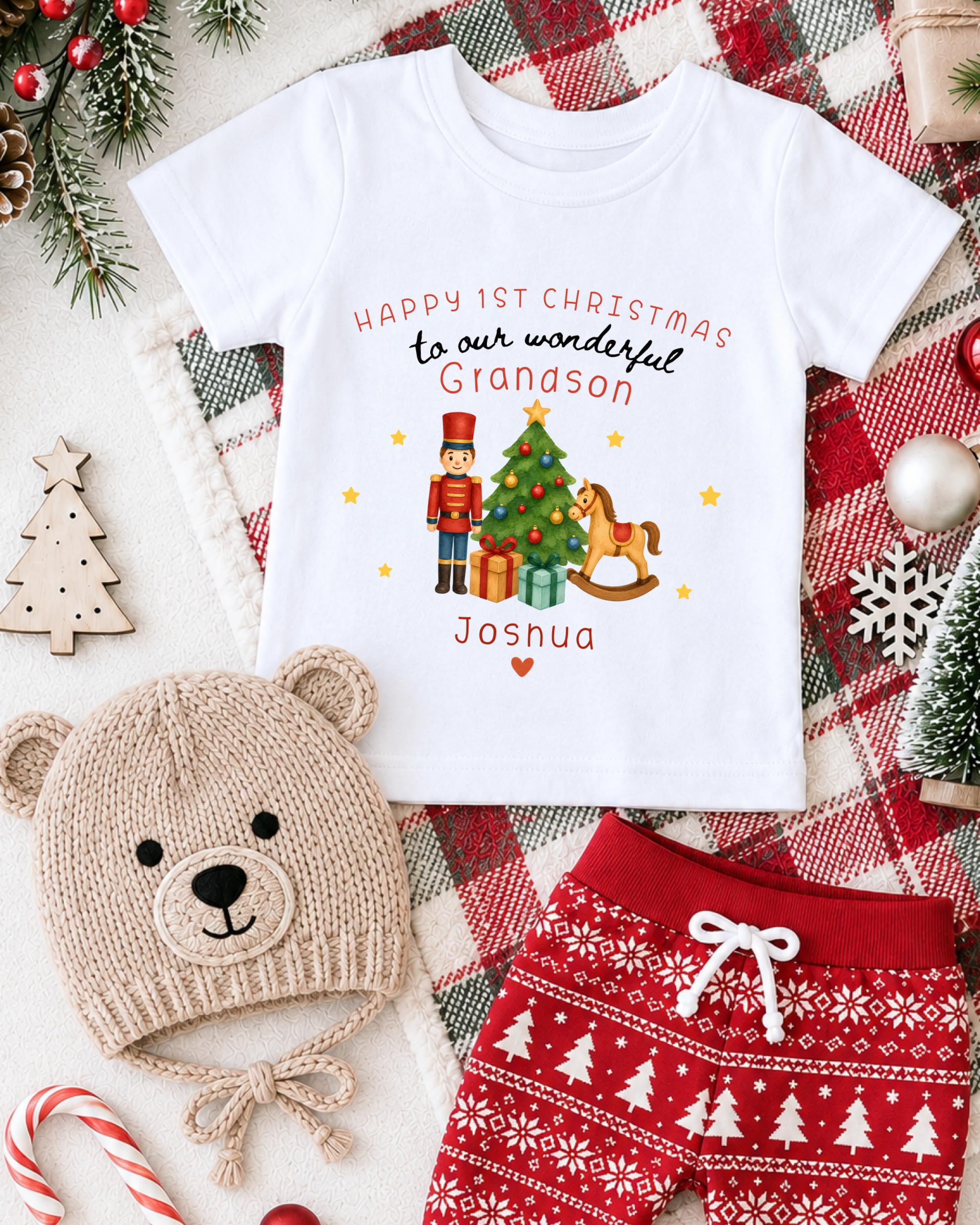 A white t-shirt with a Christmas-themed design, a knitted hat, and a pair of red and white patterned shorts, all surrounded by holiday decorations such as a Christmas tree, ornaments, and a snowflake.