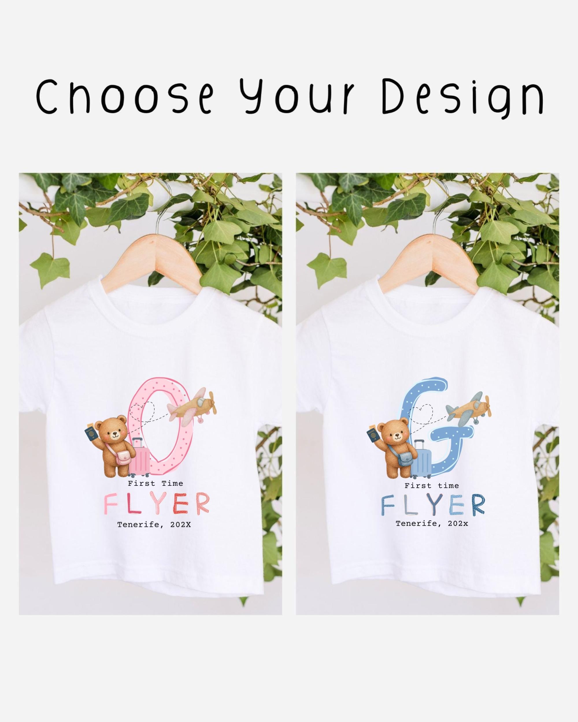 two white t-shirts with a design featuring a pink and blue airplane and a teddy bear. The text on the t-shirts reads "First time flyer Tenerife, 2020".