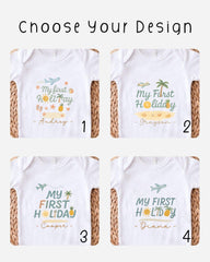 four different t-shirt designs with the text "My first holiday" printed on them.