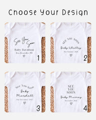 four white t-shirts with text that reads "See You Soon" followed by the names "Baby Davidson" and "Baby Whaley" and the dates "Due December 2027" and "Due December 2027".