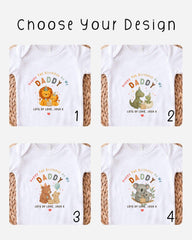 four different t-shirt designs featuring a cartoon image of a baby and the text "Happy 1st Birthday as my Daddy" along with the names "Lots of Love. Josh X" and "Lots of Love. Josh Y" printed on them.