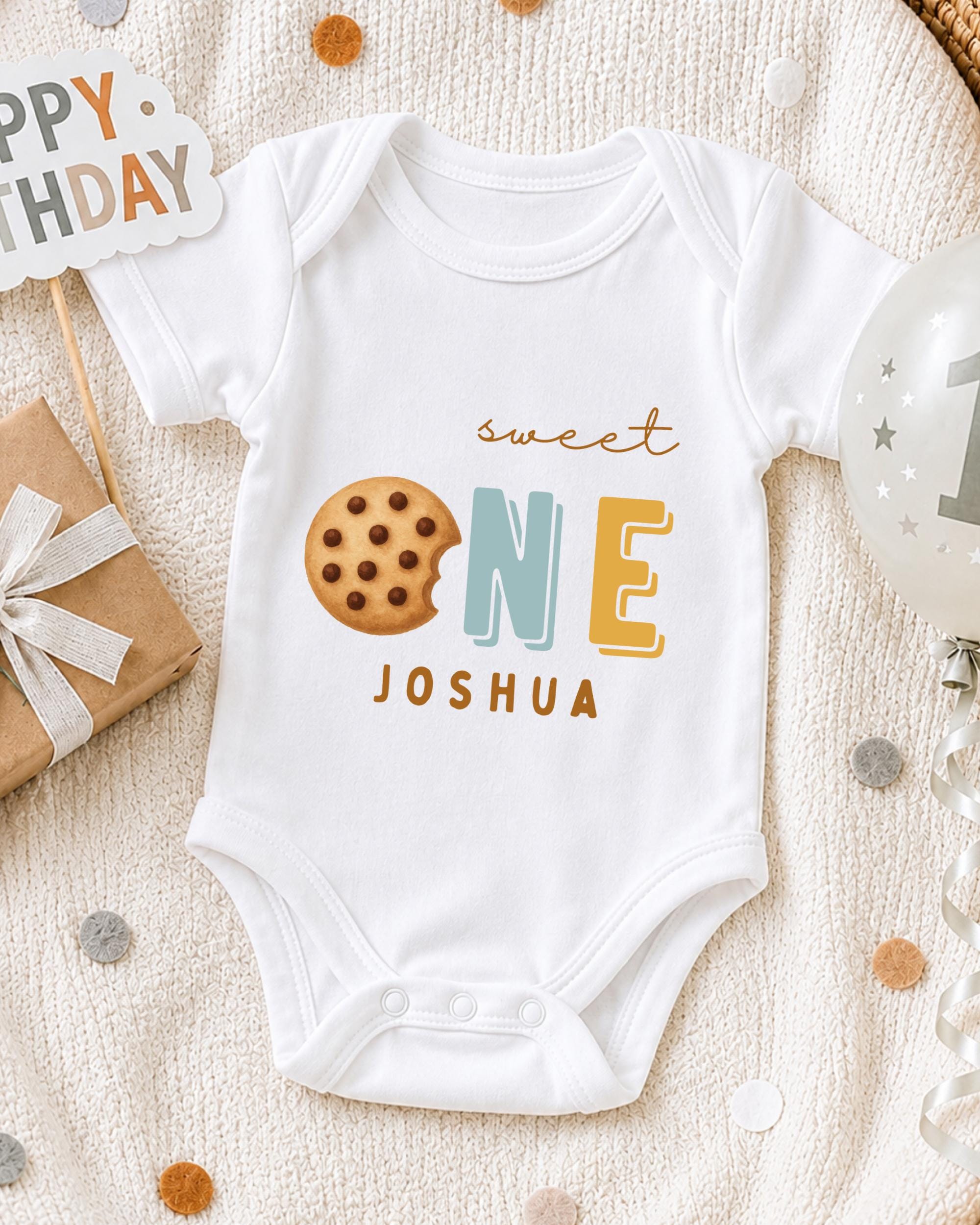 A white onesie with the text "Sweet One Joshua" printed on it, along with a cookie icon, is displayed on a bed with a "Happy Birthday" sign and a balloon.