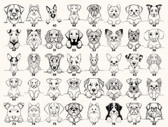 a grid of various dog breeds, each with a unique illustration, arranged in a visually appealing layout.