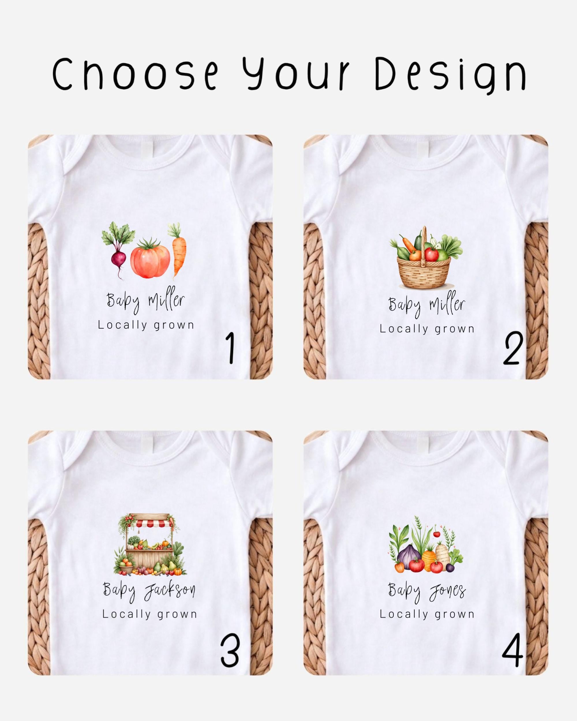 four different baby shirts, each with a unique design featuring vegetables and a basket of produce. The shirts are labeled with the names "Baby Miller" and "Baby Jones" and are described as locally grown.