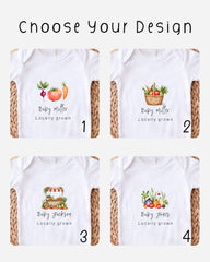 four different baby shirts, each with a unique design featuring vegetables and a basket of produce. The shirts are labeled with the names "Baby Miller" and "Baby Jones" and are described as locally grown.