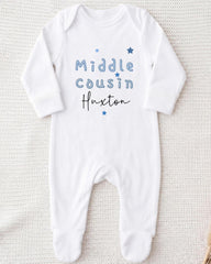 A white onesie with the text "Middle Cousin Huxton" printed on it.