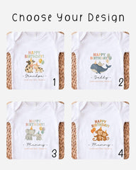 four different birthday t-shirt designs, each featuring a unique animal and the text "Happy Birthday!" The designs include elephants, a whale, a giraffe, and a monkey.