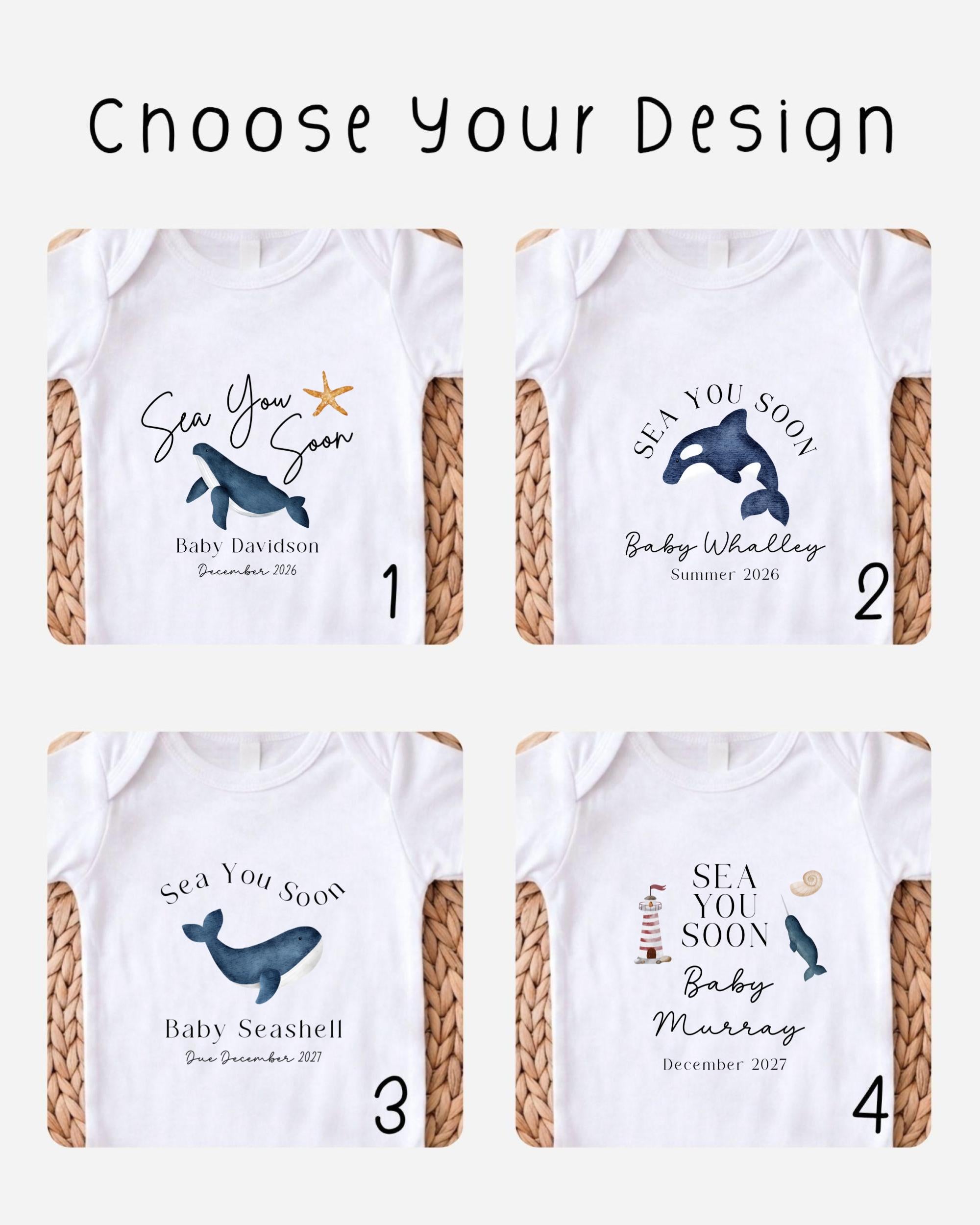 four different baby t-shirt designs with the text "Sea You Soon" and "Baby Whalley" printed on them.