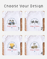 four different t-shirt designs featuring the "Sunday Racing Club" logo and a racing car.