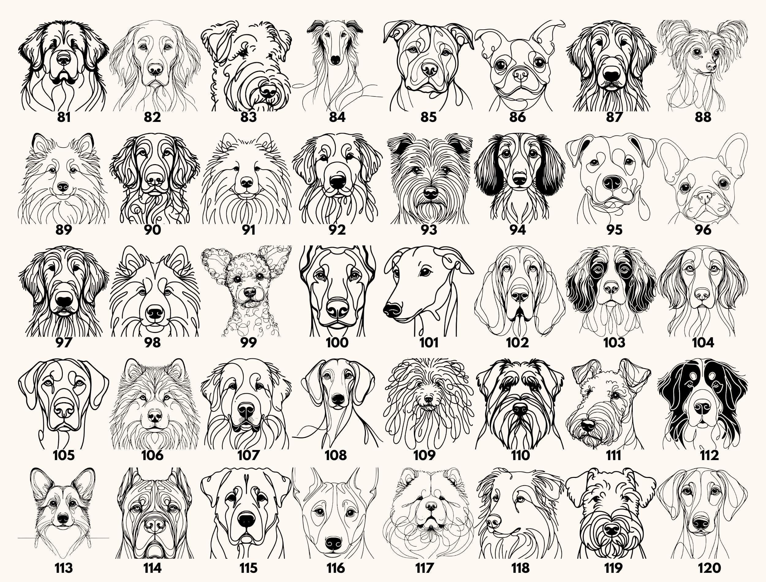 a grid of 24 black and white line drawings depicting various dog breeds, each with a unique facial expression and pose.