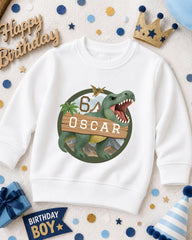 A white sweatshirt with a dinosaur graphic and the number 6, along with a birthday hat and other party decorations, suggesting a birthday celebration.