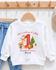 A white sweatshirt with a personalized Christmas-themed design hanging on a wooden hanger.