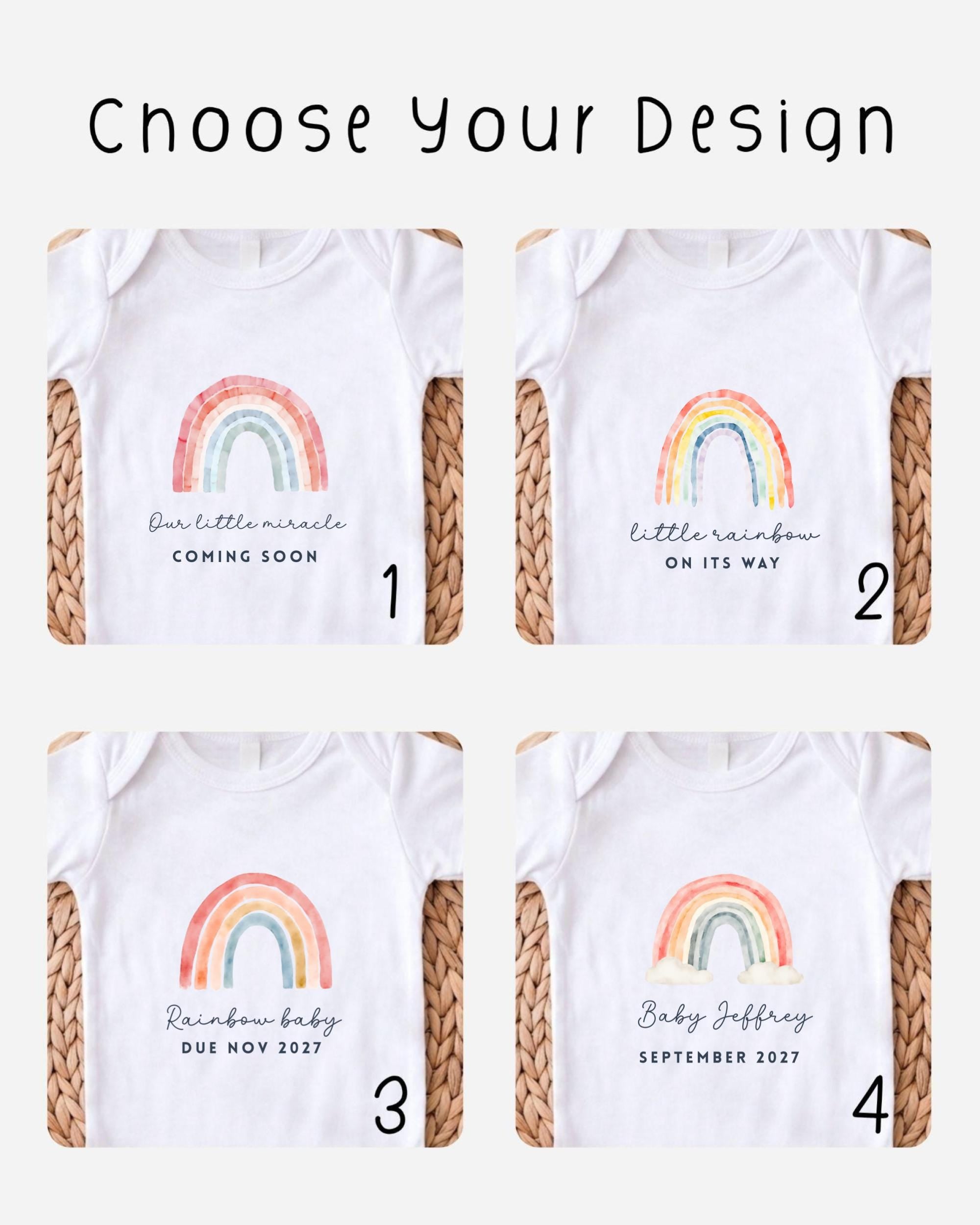 four different baby t-shirts with a rainbow design, each with a unique message related to the upcoming arrival of a baby.