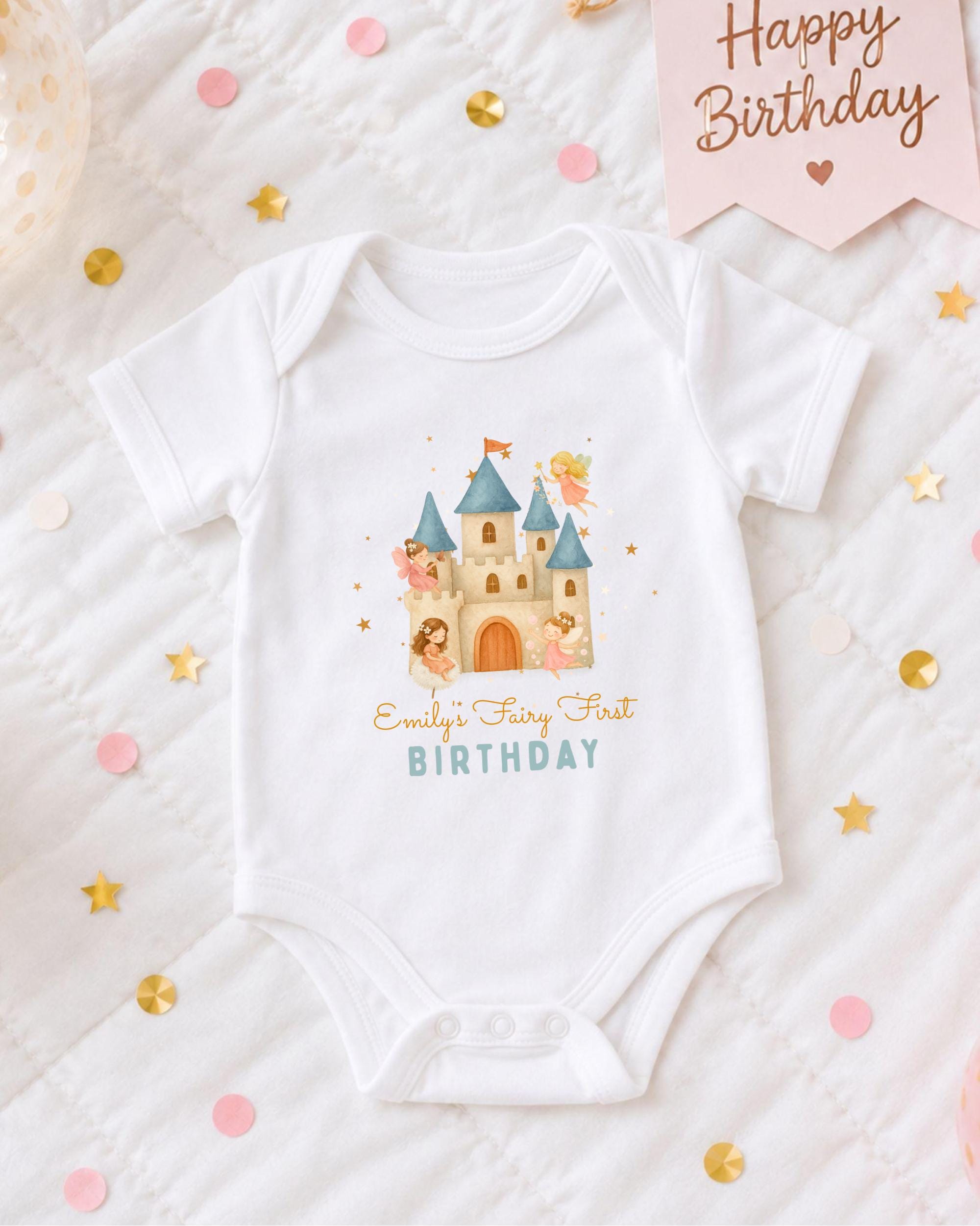A white onesie with a castle design and the text "Emilly's Fairy First Birthday" printed on it, along with confetti and a birthday banner.
